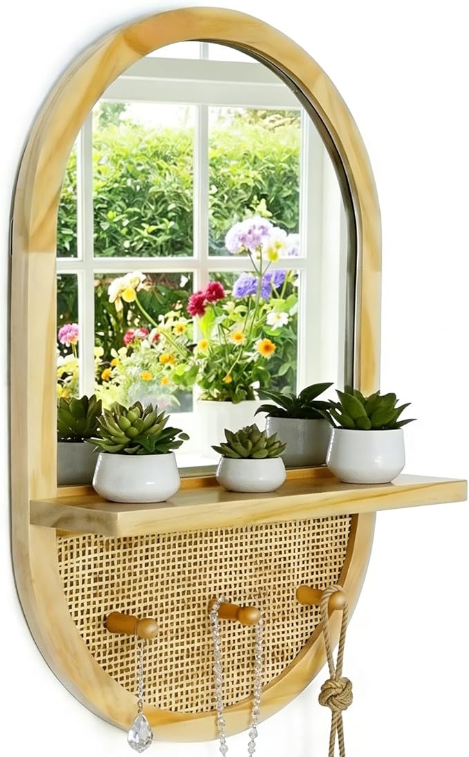 Wall Mirror with Hooks, 22x14 Inch Boho Wall Mirror with Removable Shelf, Oval Solid Wood Framed, Handmade Rattan Mirror Decor Accent for Entryway, Bathroom, Nursery, Bedroom, Living Room