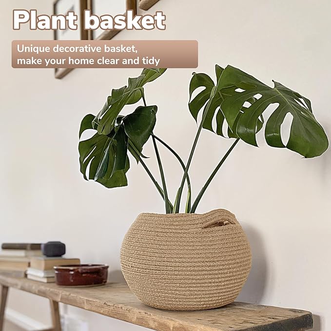 Goodpick Wicker Storage Basket for Living Room, Small Round Woven Basket for Toys, Towel, Bedroom, Children Corner Decoration Plant Baskets Indoor, Jute, 10"D x 8.3"H