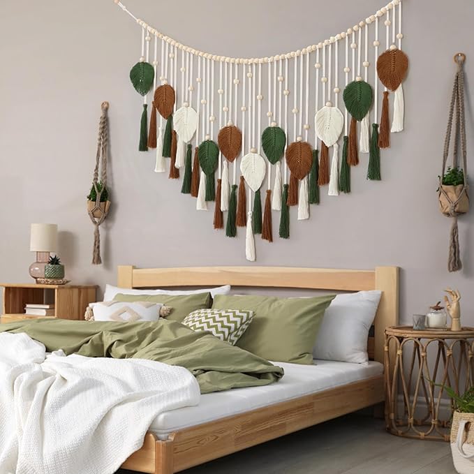 Betylifoy Large Macrame Wall Hanging Boho Woven Leaf Tapestry Fall Decor Khaki Green Leaf Feather Wall Decor Handmade Cotton Wall Art Home Decor for Bedroom Living Room Nursery Apartment, 51.2"W X 31.5"L