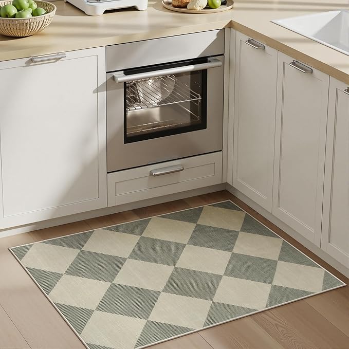 Beeiva Checkered Washable Entryway Rug 2x3, Non Slip Ultra Thin Green Front Door Mat Indoor Entrance Low Pile Small Kitchen Rug, Moroccan Contemporary Decor Neutral Accent Carpet for Bedroom Bathroom