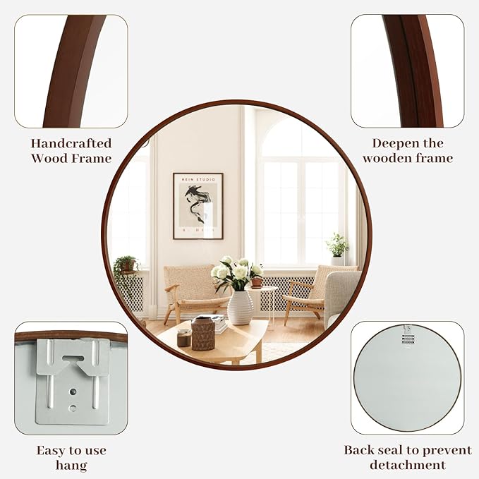 WallBeyond Round Wood Mirror, 36" Round Modern Decoration Large Circle Wall Mirror for Bathroom Living Room Bedroom Entryway, Walnut