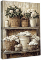 Dazzlewall Framed Vintage Farmhouse Wall Art Decor, Rustic Floral Woven Basket Artwork Print for Laundry Bathroom Retro Botanical Bathroom Wall Decor, 12x16 in