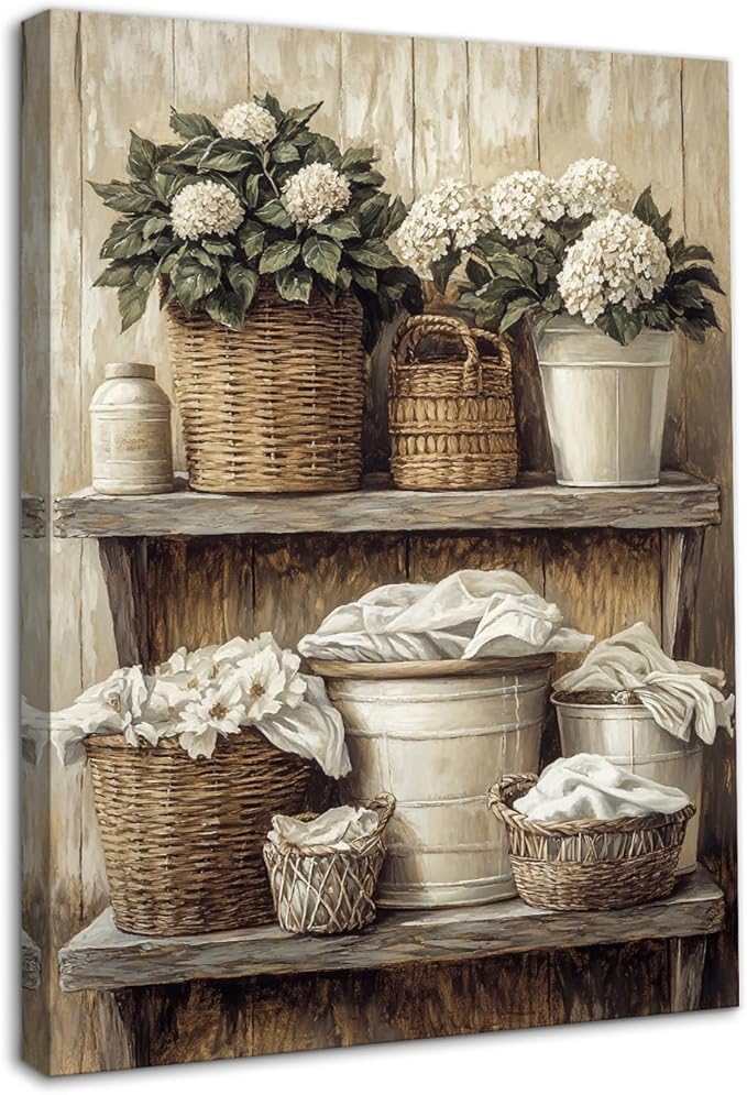 Dazzlewall Framed Vintage Farmhouse Wall Art Decor, Rustic Floral Woven Basket Artwork Print for Laundry Bathroom Retro Botanical Bathroom Wall Decor, 12x16 in