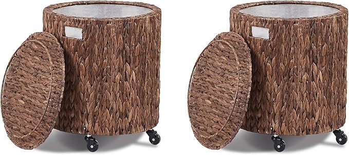 Wimarsbon 2Pcs Pouf Ottomans, Natural Seagrass Foot Stool, Hand Weaving Round Ottoman, Boho Decorative Seat, Jute Braided Pouffe Poof Accent Sitting Footrest (Storage Black Water Hyacinth)
