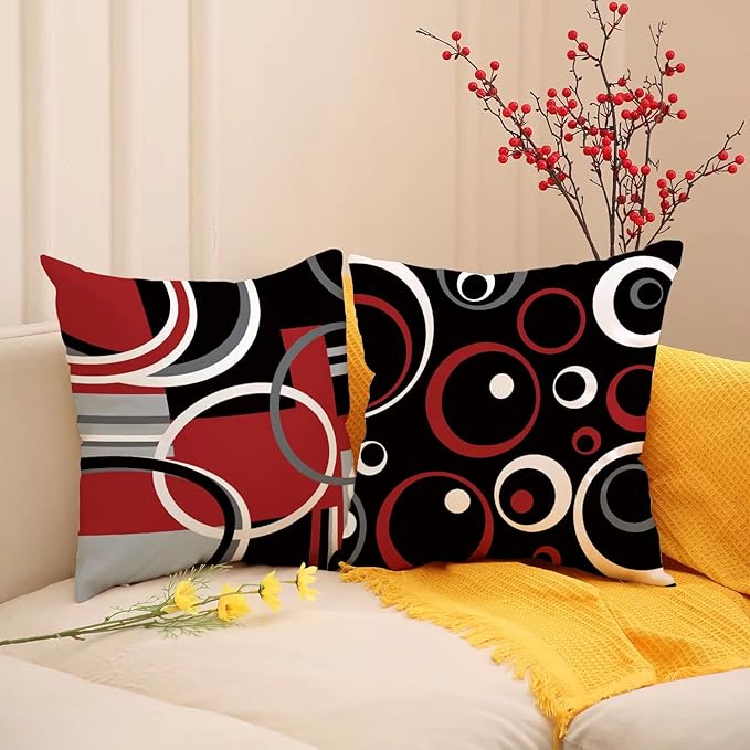 Red and Black Throw Pillow Covers 18x18 Set of 4,Grey Modern Abstract Pillowcases,Gray Geometric Circle Pattern Decor for Sofa Couch Living Room Bedroom Home Outdoor