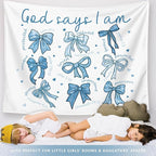 LIANGW Blue Bow Christian Tapestry, Bible Bow Aesthetic for Girls Bedroom for Dorm Room, Inspirational Christian Tapestries for Women, Faith - Based Blue Room Decor Aesthetic 50x60 inch