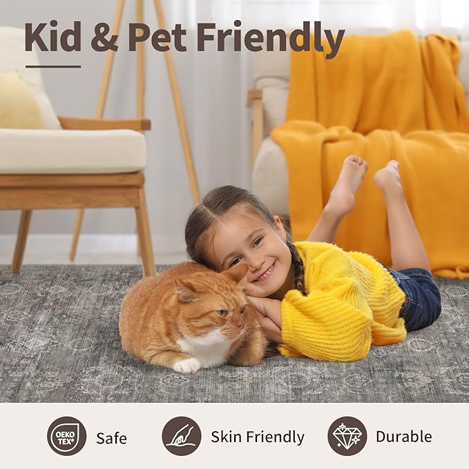 9x12 Area Rugs for Living Room Bedroom, Large Washable Rug, Grey Vintage Retro Boho Rug, Non Slip & Low Pile Faux Wool Thin Carpet for Indoor Dining Room and Kids Room(Taupe/Grey 9x12ft)