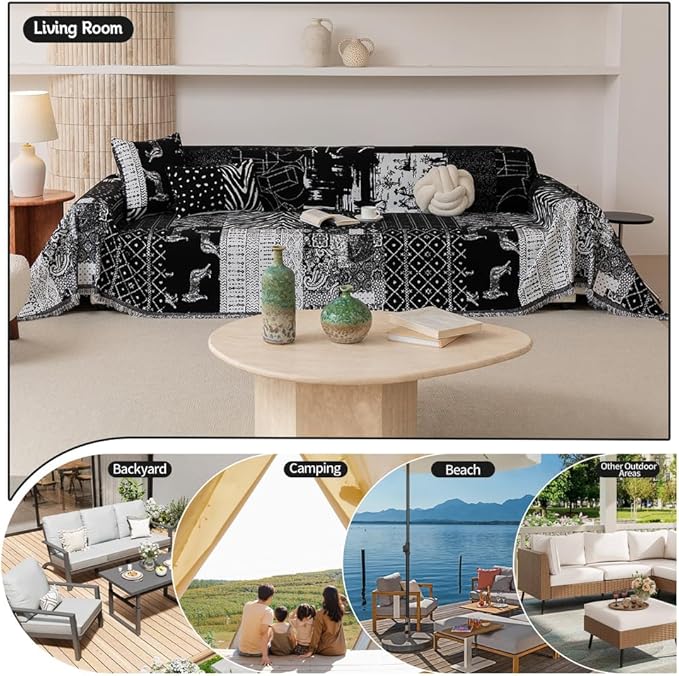 ROOMLIFE Boho Black Couch Covers for 3 Cushion Sofa, Chenille Couch Cover Sectional Sofa Cover for Dog, Washable Furniture Sofa Protector Cover Soft Blanket with Tassel for Living Room, 71 '' X 134''