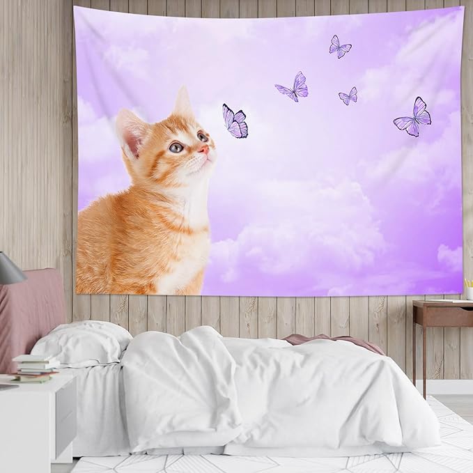 LB Funny Cat Butterfly Wall Tapestry Cute Cat with Butterfly on Fantasy Cloud Purple Sky Tapestry Animal Wall Decor for Bedroom Living Room Dorm 92.5Wx70.9L Inches