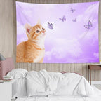 LB Funny Cat Butterfly Wall Tapestry Cute Cat with Butterfly on Fantasy Cloud Purple Sky Tapestry Animal Wall Decor for Bedroom Living Room Dorm 59Wx51L Inches