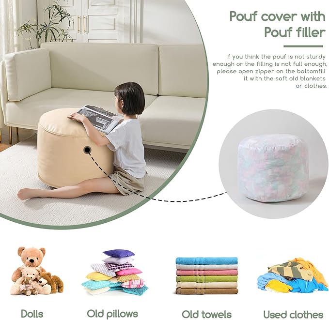 HIGOGOGO Round Stuffed Pouf Ottoman, Pu Leather Poufs with Foam Chunk Filling, Furry and Fluffy Pouf Foot Stool Storage Ottoman, 26 X 18 Floor Poufs Foot Rest for Living Room, Beige