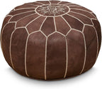 Stuffed Round Design Moroccan Leather Pouf Ottoman, Handmade, Pre-Filled, 100% Genuine Leather, 13” Height x 20” Diameter, Footstool & Living Room Décor (Brown)