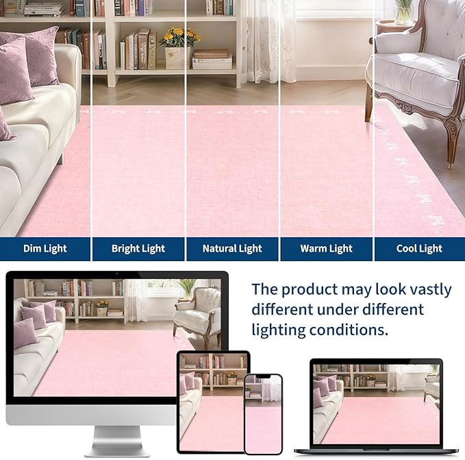 GarveeHome Bow Washable 8x10 Area Rugs for Living Room Non Slip Soft Solid Pink Bedroom Rugs Low Pile Foldable Large Area Rug Stain Resistant Carpet for Nursery Dining Room Playroom, Pink