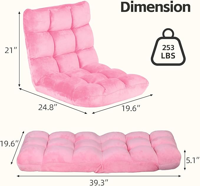 SUPER DEAL 14-Position Folding Floor Chair Gaming Sofa Cushioned Padded Reclining Bed Lounge Couch Seating for Comfy Reading, Reading, Gaming, Relaxing, Watching TV, Pink
