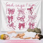 LIANGW Pink Coquette Bow Christian Tapestry, Indoor Outdoor Wall Art Tapestry for Bedroom, Inspirational Christian Tapestries for Women, Girl Room Decoration Living Room Bedroom 50x60 inches