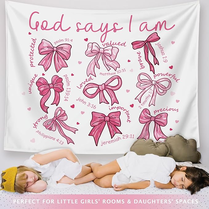 LIANGW Pink Coquette Bow Christian Tapestry, Indoor Outdoor Wall Art Tapestry for Bedroom, Inspirational Christian Tapestries for Women, Girl Room Decoration Living Room Bedroom 50x60 inches