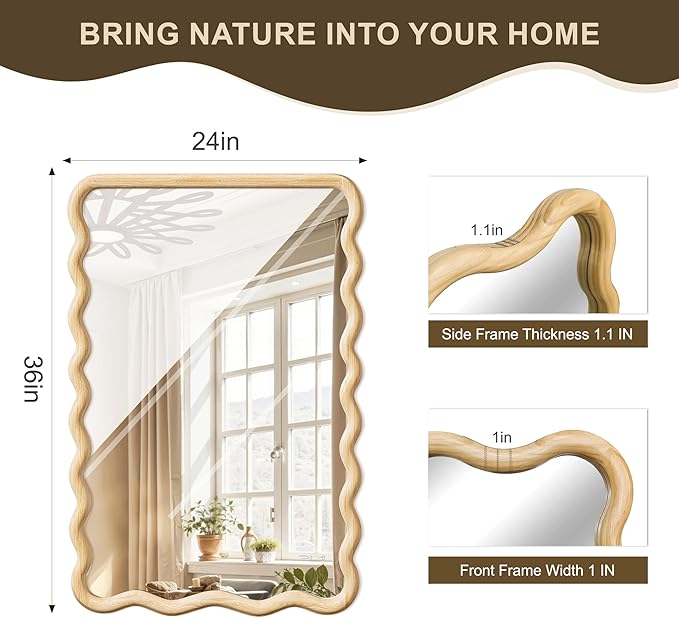 Wavy Mirror for Wall, 36"x24" Boho Bathroom Floor Vanity Mirror with Wooden Frame, for Bedroom, Living Room, Entryway, Farmhouse