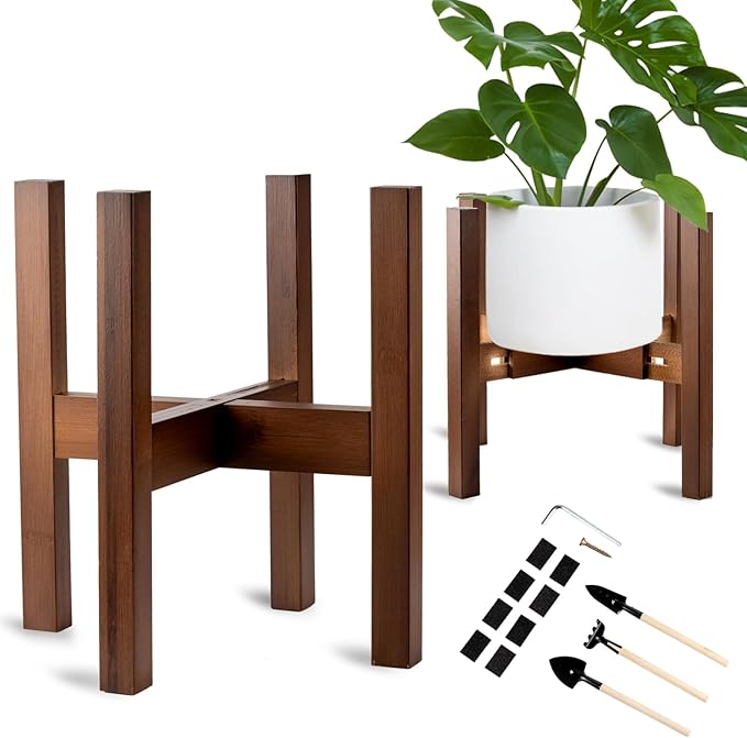 Adjustable Bamboo Plant Stand for Indoor Plants, Holder Rack Fits 8"-12" Pots for Living Room, Bedroom, Corner - Space Saving Shelf (Pot & Plant Not Included) (brown)