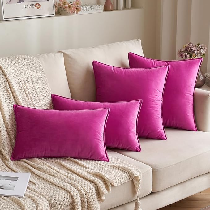 MIULEE Hot Pink Velvet Throw Pillow Covers 18x18 Soft Decorative Solid Square Cushion Cases Pack of 2 Modern Luxury Home Decor for Couch, Sofa, Bedroom