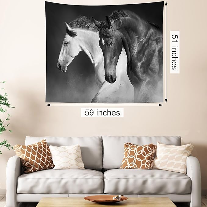 LB Black and White Horse Tapestry for Bedroom Galloping Horses Wall Tapestry Wild Animal Vintage Tapestries Hanging Wall Decor for Living Room Dorm, 59x51 inch