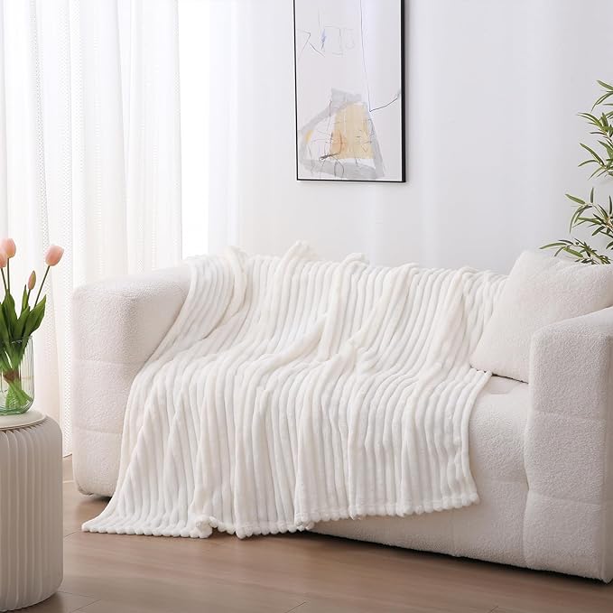 White Fleece Throw Blanket 50”×70” for Couch Sofa Bed,Super Soft Cozy Plush Microfiber Flannel Blanket with Stripes Design Lightweight for Adults,Woman,Girls