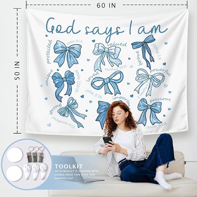 LIANGW Blue Bow Christian Tapestry, Bible Bow Aesthetic for Girls Bedroom for Dorm Room, Inspirational Christian Tapestries for Women, Faith - Based Blue Room Decor Aesthetic 50x60 inch