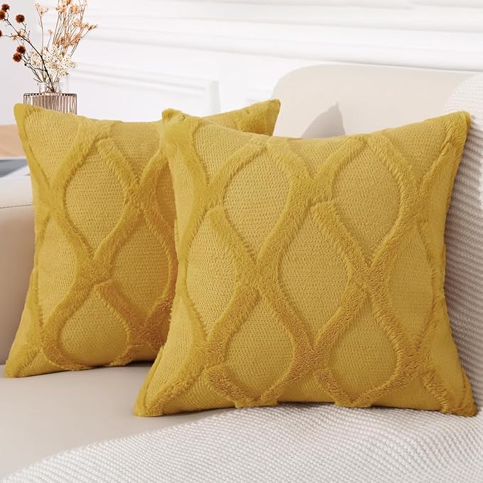 decorUhome Spring Throw Pillow Covers 16x16 Inch Set of 2, Soft Plush Faux Fur Wool Mustard Yellow Accent Couch Pillow Covers for Modern Farmhouse Bed Sofa Living Room