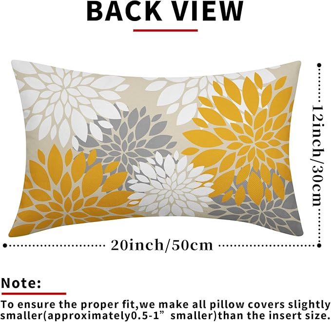 Yellow White Grey Gray Pillow Covers 12X20 Inch Set of 2, Modern Dahlia Floral Print Decorative Rectangle Throw Pillow Covers Outdoor Farmhouse Cushion Case for Home Couch Sofa Bed Decoration