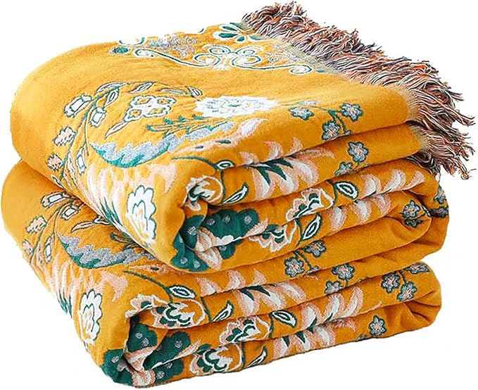 Boho Throw Blanket, 100% Cotton Soft King Yellow Throw for Bed-Floral Farmhouse Decor Blanket, Reversible Bohemian Throw for Sofa Chair Couch Quilt and Gift, 91" x 98"