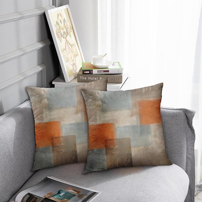Britimes Throw Pillow Covers Modern Home Art Decor, 16 x 16 Inches Set of 2 Pillow Cases Decorative, Abstract Oil Painting Pillowcases for Bedroom, Living Room, Cushion Couch Sofa, Grey Orange