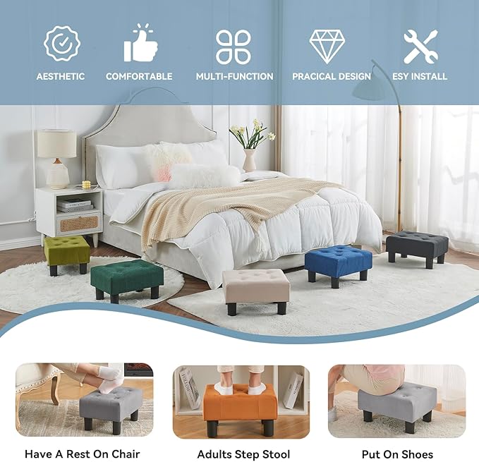Poofzy Small Foot Stool Ottoman, Velvet Ottoman Foot Rest with Legs, Rectangle Foot Rest for Couch, Footstools and Ottomans Small for Living Room and Entryway (Gray)