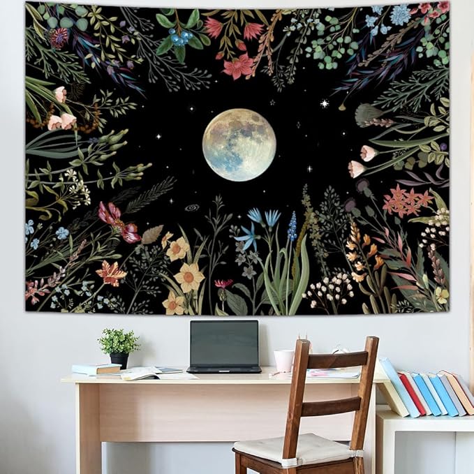 Amhokhui Moonlit Garden Tapestry Boho Moon Tapestry Floral Flower Tapestries Colorful Plants Tapestries Black Wall Hanging Decor for Home