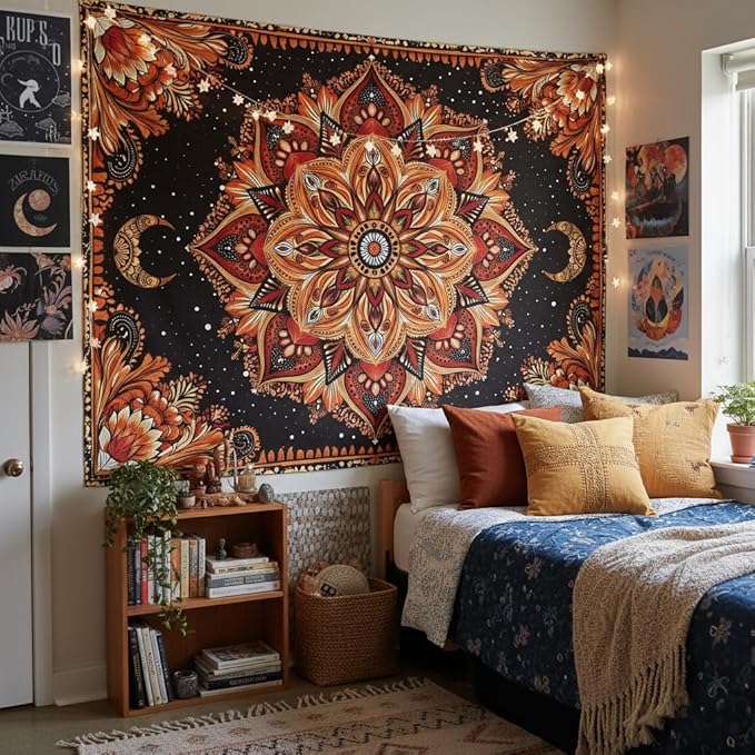Accnicc Mandala Floral Tapestry Wall Hanging Boho Orange Red Tapestry Aesthetic Hippie Vintage Bohemian Flower Celestial Indian Cute Large Tapestries for Bedroom Living Room Dorm Decor 80 x 60 Inch