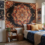Accnicc Mandala Floral Tapestry Wall Hanging Boho Orange Red Tapestry Aesthetic Hippie Vintage Bohemian Flower Celestial Indian Cute Large Tapestries for Bedroom Living Room Dorm Decor 80 x 60 Inch