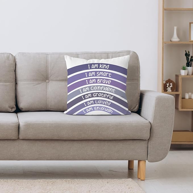 QIYUHOY Boho Rainbow Classroom Throw Pillow Covers, Book Center Calming Corner Playroom Decor Pillow Case, Purple Pillow Cover, I Am Kind Smart Brave Confidence 18x18 Inch(Purple)