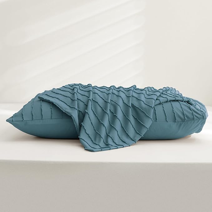 JELLYMONI Pillowcases Standard Size Grayish Blue 2 Pack Boho Striped Bed Pillow Covers 20x26in Polyester Envelope Pillow Shams Tufted Bohemian Textured (Pillows are not Included)