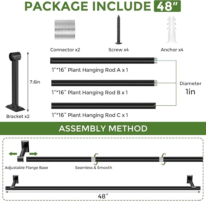 Hanging Planters for Indoor Plants, 48 Inch Heavy Duty Plant Hanger Indoor, 1 Inch Diameter Metal Rod, Hanging Plant Holder for Window Wall, Matte Black, Square Flange Base, Pot Not Included