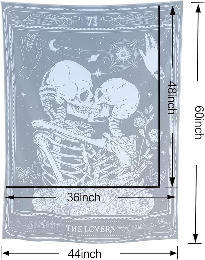 KJHL The Lovers Skull Wall Tapestry Black and White Skeleton Tapestry Gothic Room Decor Witchy Tapestries Aesthetic Wall Hanging for Bedroom Living Room 60" x 44"