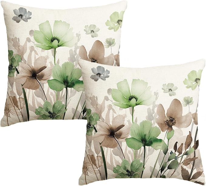 AVOIN colorlife Poppy Flowers Chinoiserie Throw Pillow Covers, 18 x 18 Inch Sage Green Brown Seasonal Leaves Cushion Case Decoration for Sofa Couch Set of 2