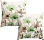 AVOIN colorlife Poppy Flowers Chinoiserie Throw Pillow Covers, 18 x 18 Inch Sage Green Brown Seasonal Leaves Cushion Case Decoration for Sofa Couch Set of 2