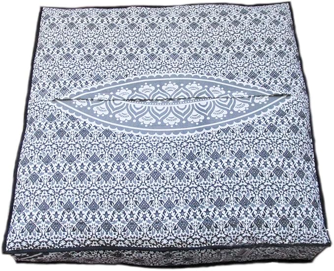 CRAFT KALA Mandala Floor Pillow Cushion Cover Seating Throw Cover Hippie Decorative Bohemian Ottoman Poufs Pom Pom Pillow Cases Boho Indian Cotton Living Room Yoga Home Décor (24" Square, Grey Ombre)