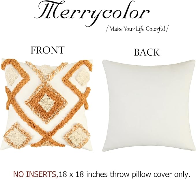 Merrycolor Boho Throw Pillow Covers 18x18 Orange Woven Tufted Decorative Pillow Covers Modern Accent Bohemian Square Pillow Cases for Couch Sofa Bedroom Living Room (No Pillow Insert,1Pcs)