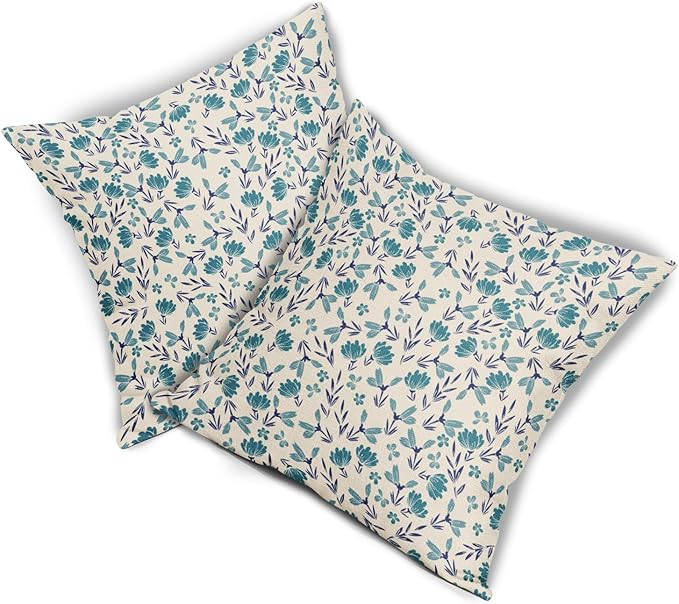 Blue Teal Pillow Covers 22x22 Set of 2 Vintage Floral Rustic Old Style Cute Flower Print Decorative Outdoor Pillowcases Seasonal Farmhouse Throw Cushion Case Decor for Couch Sofa Bed
