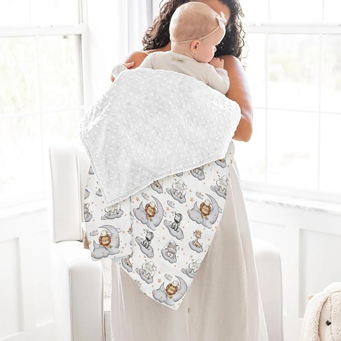 Sleepy Safari Baby Blankets for Girl Boy Lion Elephant Hippo Giraffe Moon Clouds Stars Soft Mink Dotted Backing Double Layer Swaddle Blanket African Jungle Animal Bed Throw for Newborn Toddler 30x40