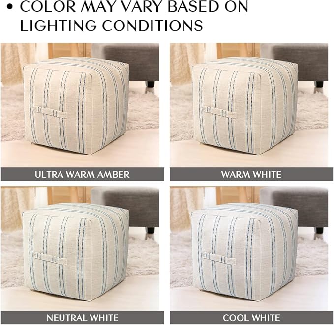 AELS Unstuffed Farmhouse Pouf Cover for Living Room, Boho Storage Bean Bag Cubes, Beige with Navy Blue Stitch Yarn Dyed Stripe Square Ottoman Pouf Foot Rest Footstool, 18"x18"x18", Cover ONLY