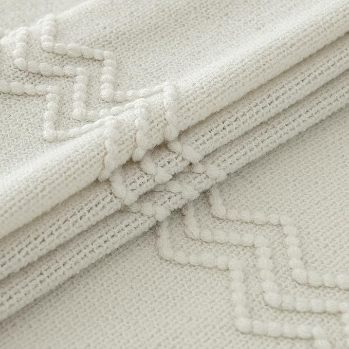 MIULEE Cream White Knitted Throw Blanket for Couch Textured Knit Blanket with Tassels Cozy Woven Boho Bed Blanket for Sofa Bed Chair Acrylic Wave Pattern 50"x60"