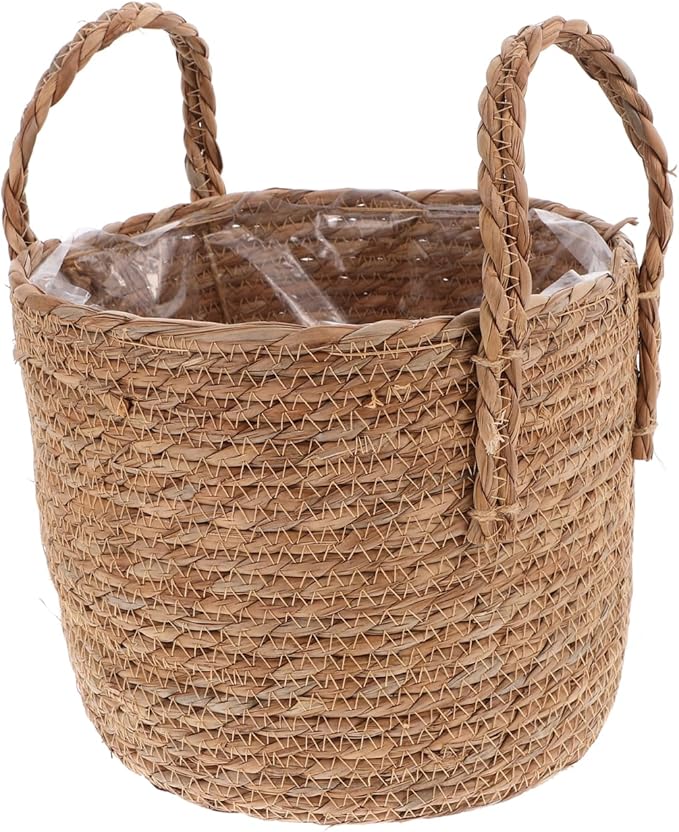 Zerodeko Flower Vase Seagrass Planter Basket Straw Plant Baskets Woven Basket Flower Plant Pot Wicker Plant Containers with Plastic Liner for Indoor Plants Laundry Room 25cm Grocery Basket