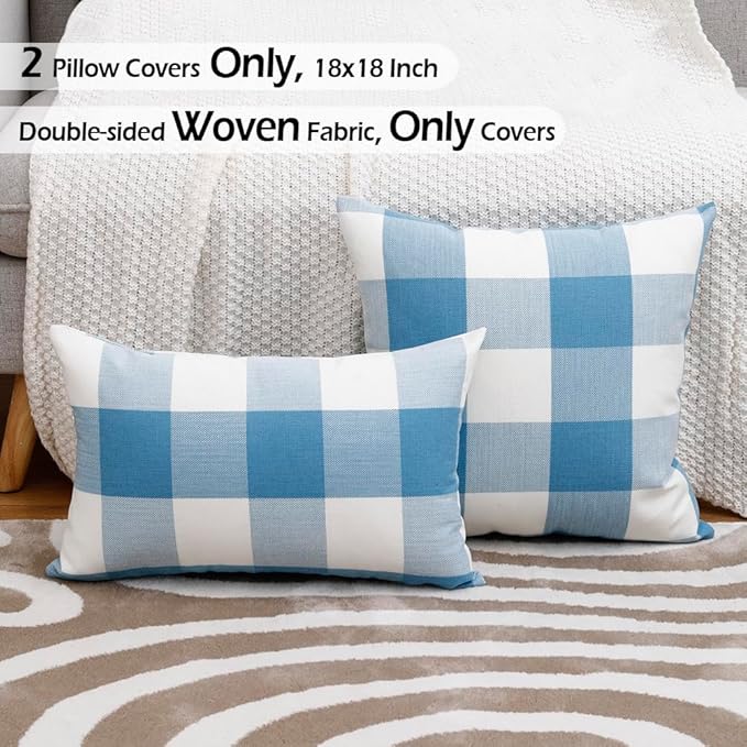 CARRIE HOME Light Blue and White Buffalo Plaid Summer Outdoor Pillow Covers 18x18 Set of 2, Light Blue Checkered Decorative Couch Pillows, Lake Blue Front Back Porch Decor Throw Pillows (No Inserts)