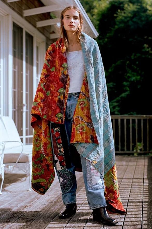 Royal Craft Indian Vintage Kantha Quilt Handmade Throw Reversible Cotton Blankets 1 Quilt Assorted Colors RCKQT0096 RCKQT0096 55X85 Inches