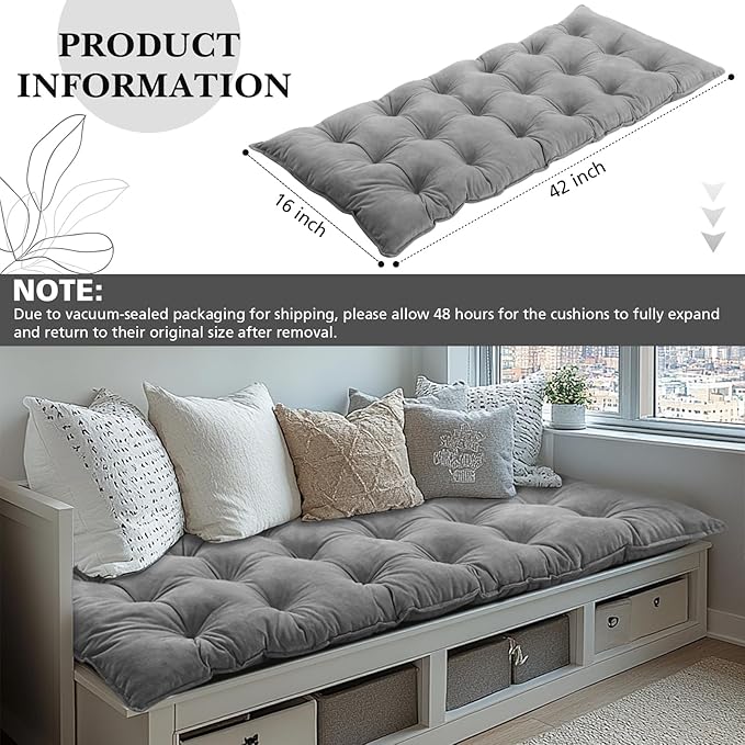 Bench Cushion for Indoor Furniture 42x16 in Velvet Thicken Indoor Window Seat Cushion, Soft Piano Sofa, Entryway Storage, Bay Window Tufted Patio Porch Swing Bench Pad Memory Foam(Gray)